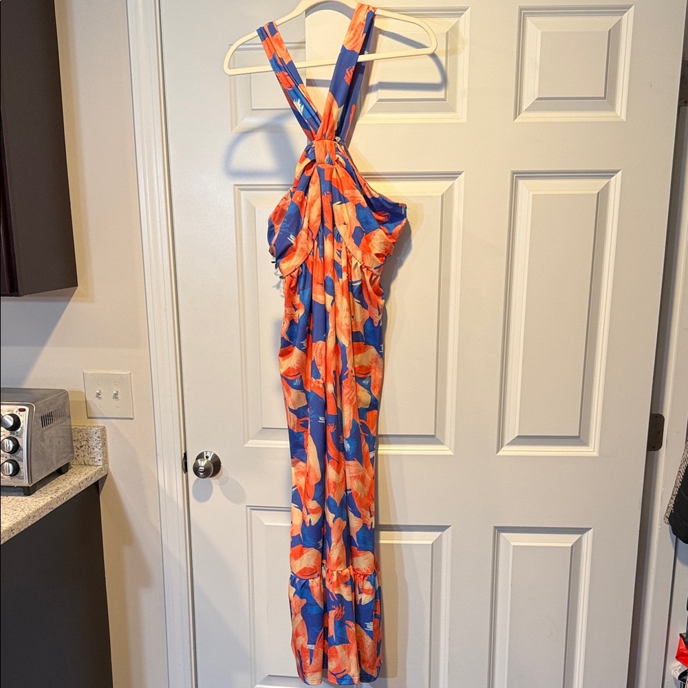 Grace Karin Orange and Blue Floral Maxi Dress